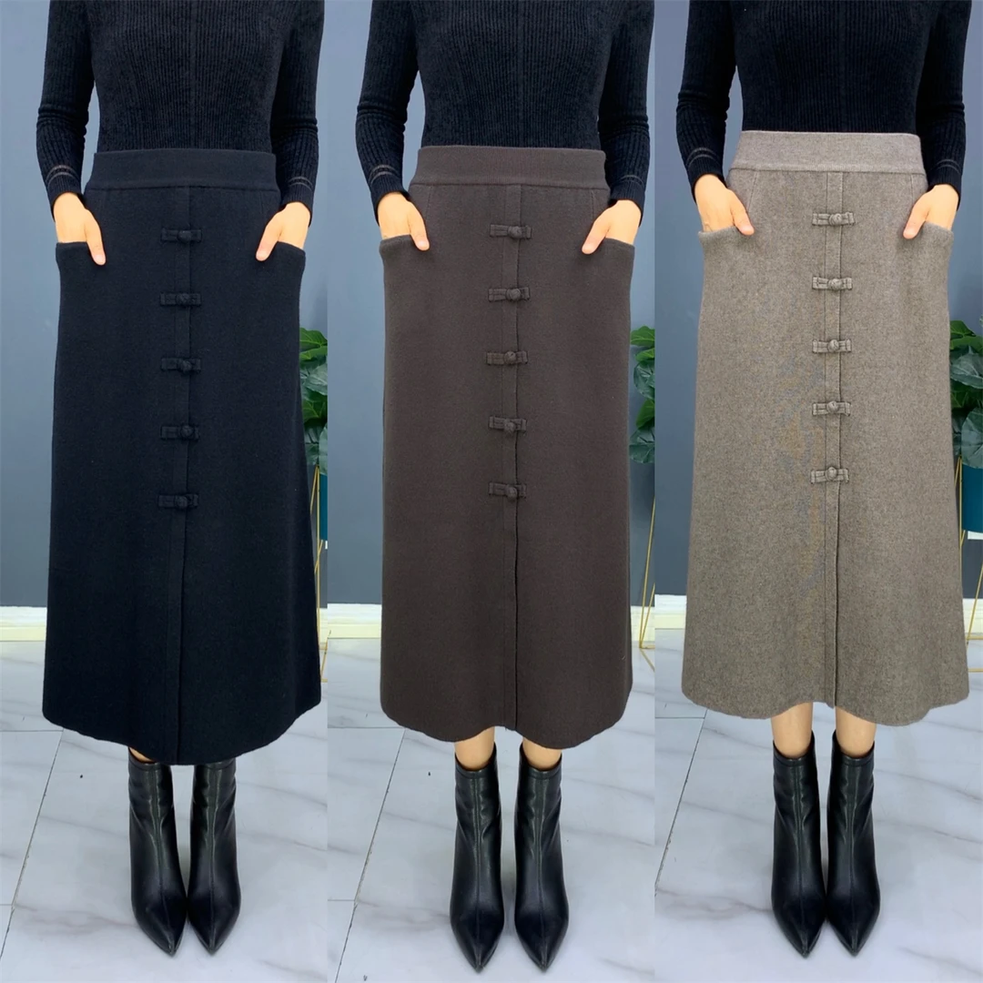 秋冬新款时尚百搭盘扣款半身裙A字显瘦中长款柔软弹力妈妈高腰裙