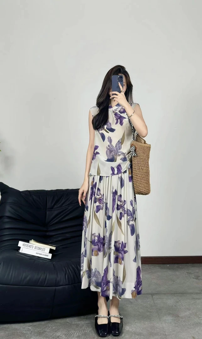 【南油工厂】紫色鸢尾印花高腰抽褶上衣KDN1027-半裙KDQ1026