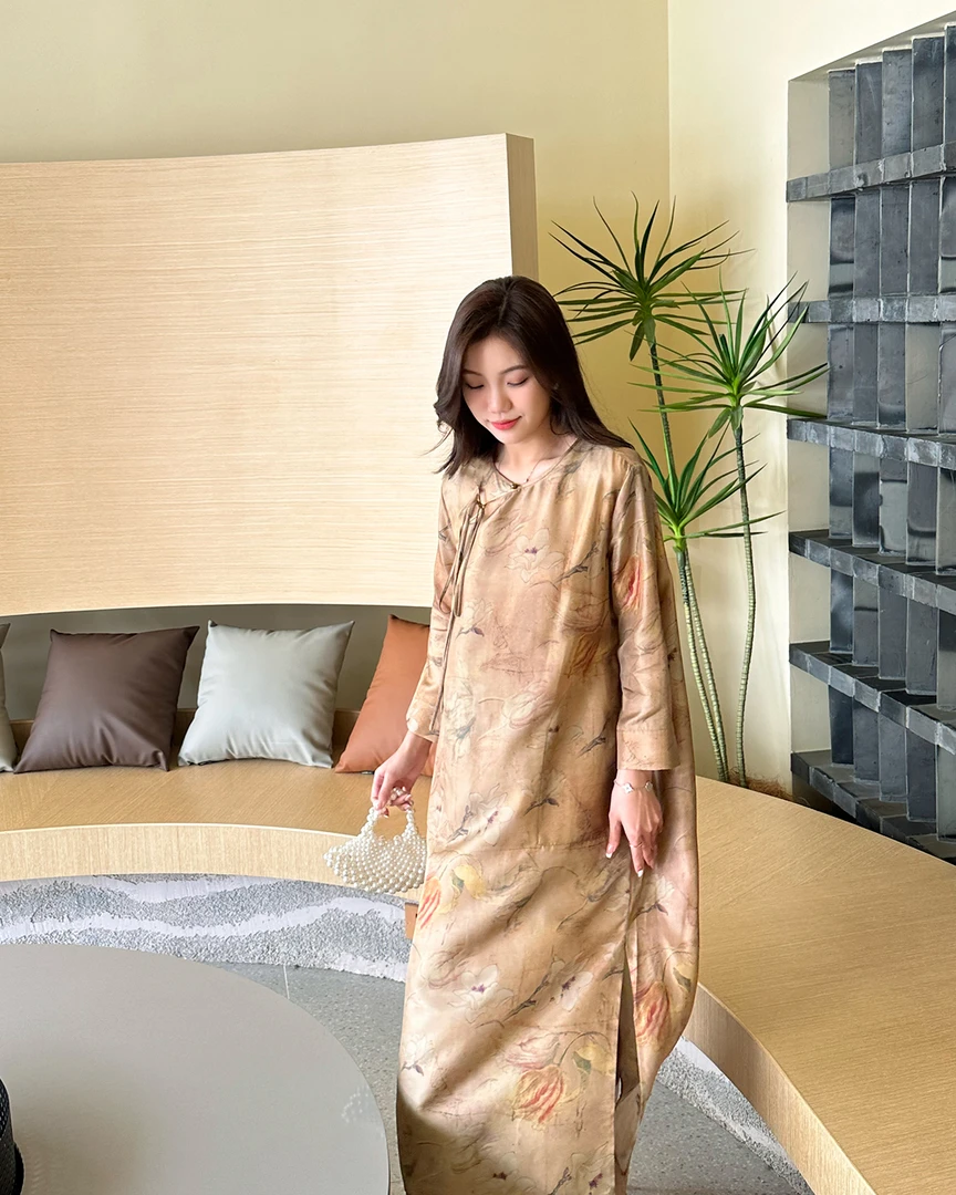 桑蚕丝国风侧边系带七分袖宽松连衣裙20211101-DY