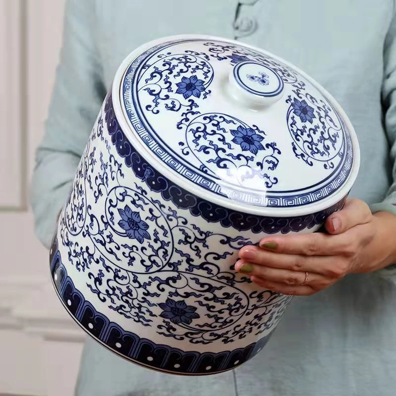 景德镇陶瓷七子茶饼茶叶罐青花缠枝特大号储茶罐子中式带盖收纳盒