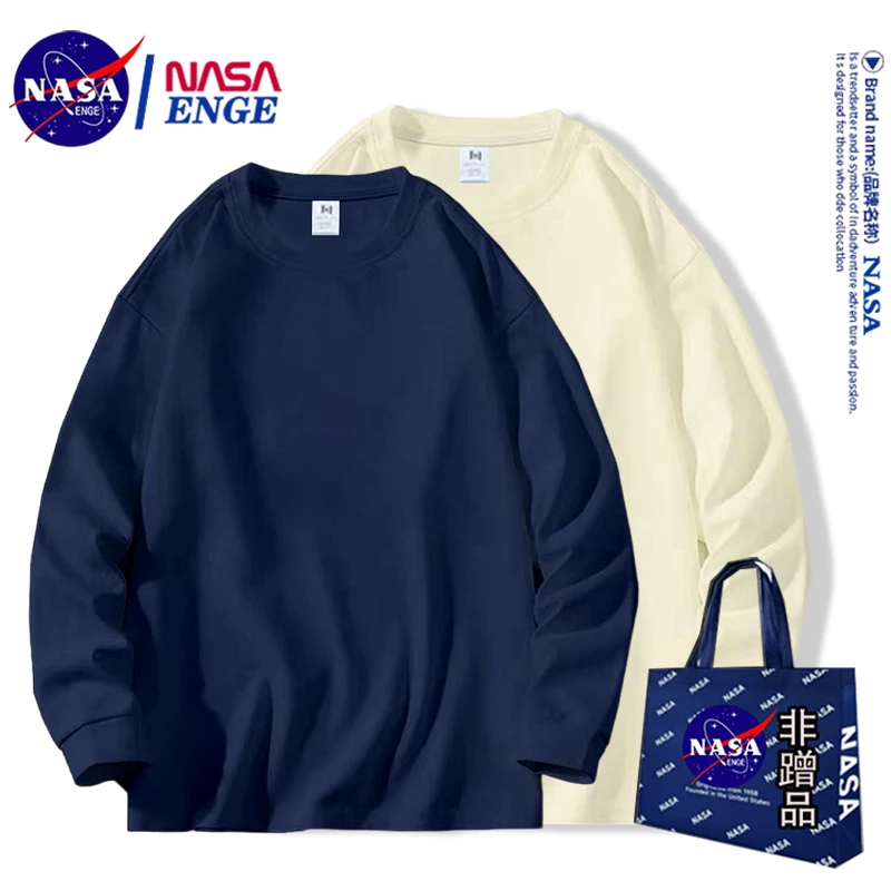 NASA联名重磅纯棉长袖T恤男女同款春秋季新款百搭纯色情侣体恤衫