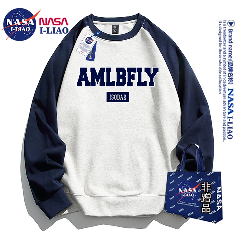 NASA联名美式字母港风潮牌卫衣男女装秋冬款休闲拼接撞色情侣上衣
