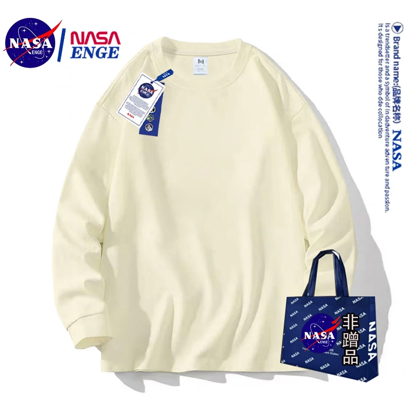 NASA联名男士春秋新款纯棉长袖T恤美式百搭纯色打底衫男女同款ins