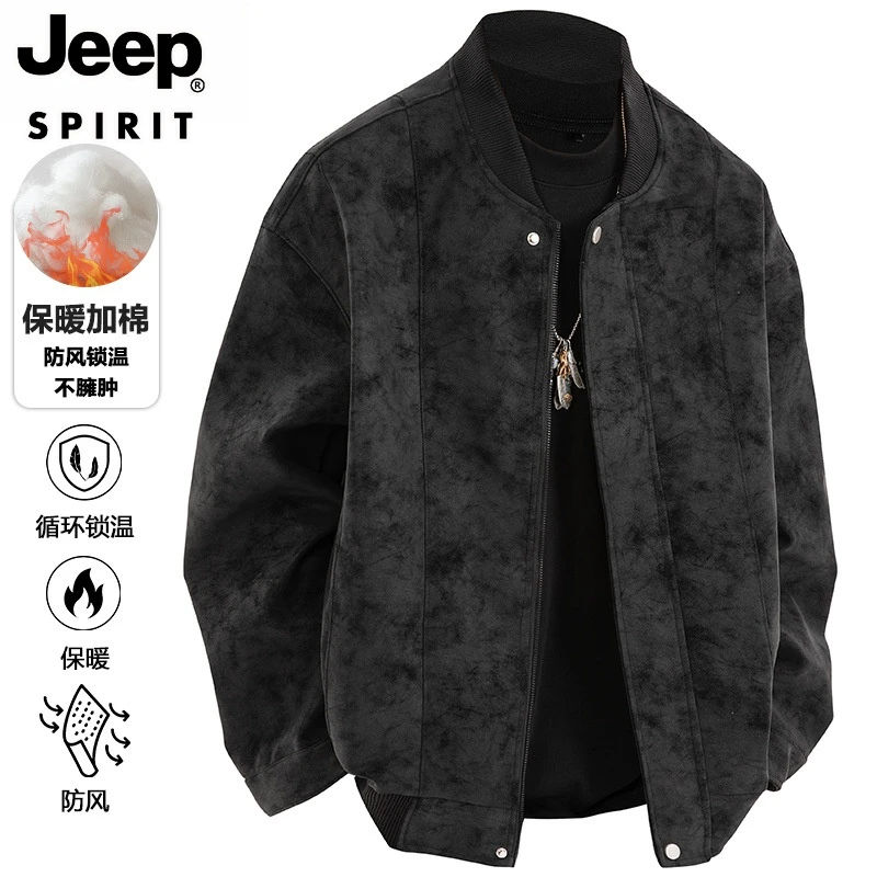 吉普Jeep皮衣男士外套秋冬加绒加厚棒球领外套防风锁温皮夹克休闲