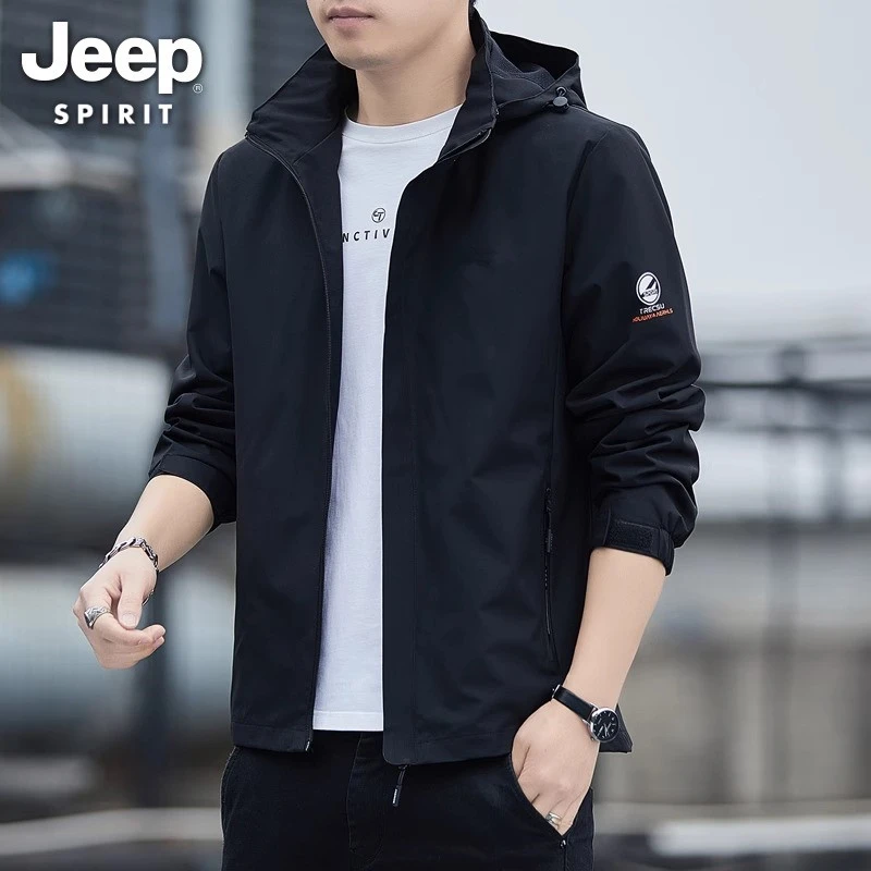 JEEP吉普夹克男士春秋薄款加绒休闲宽松百搭冲锋衣上衣服外套连帽