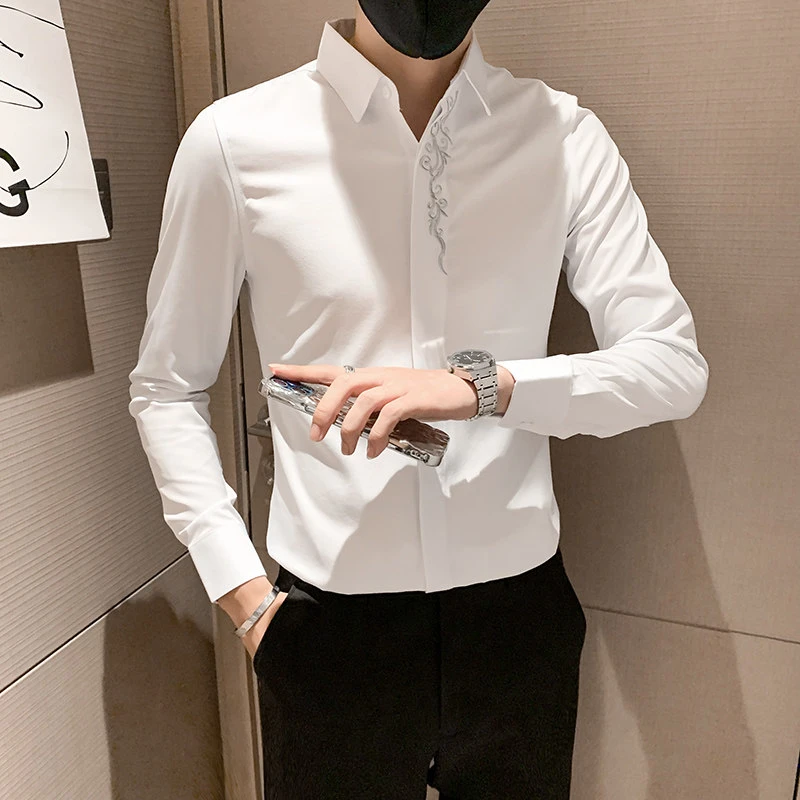 春秋季设计感衬衫男长袖修身韩版寸衫2023新款高级感潮牌刺绣衬衣