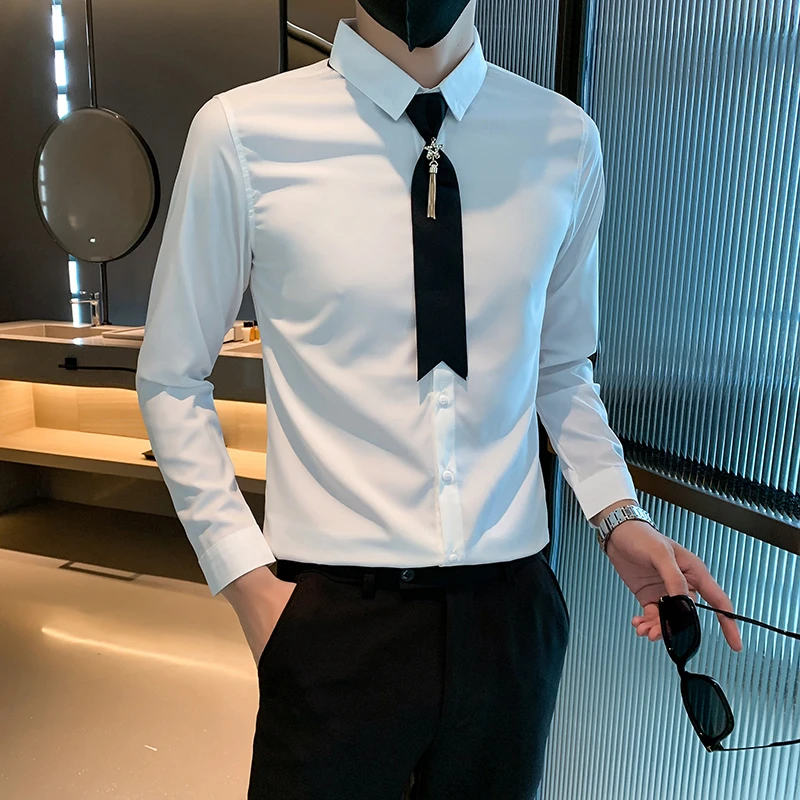 衬衫男长袖修身韩版潮流痞帅男装衬衣高级感白色带领带时尚打底衫