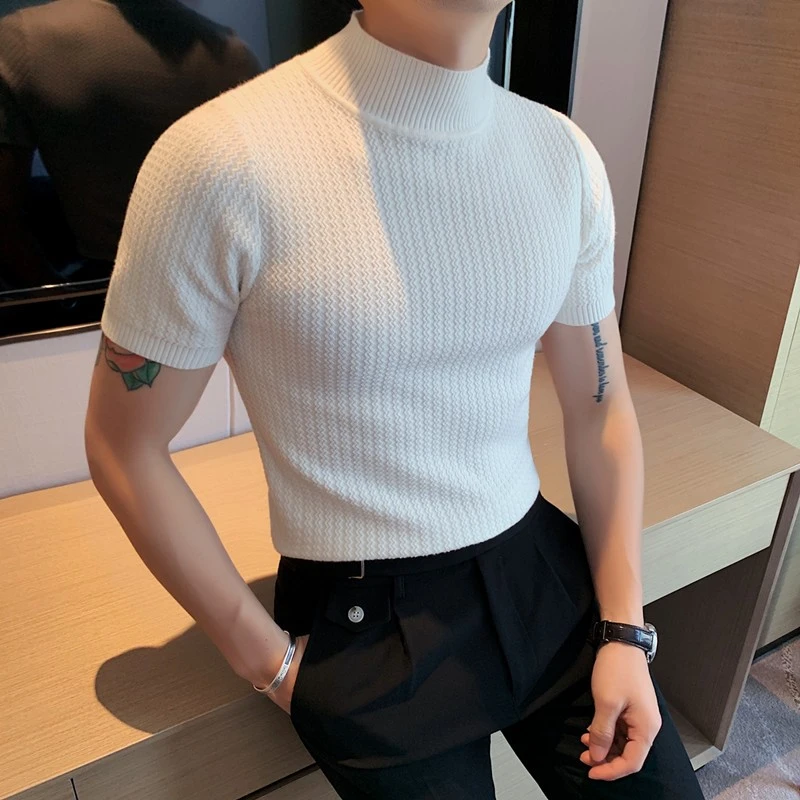 高端潮牌男装毛衣男夏季修身针织短袖t恤潮流纯色半袖高档打底衫