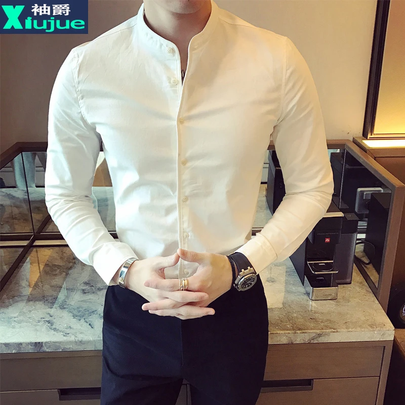 中山领衬衫男长袖韩版修身男装潮牌高端上档次休闲立领男士衬衣潮