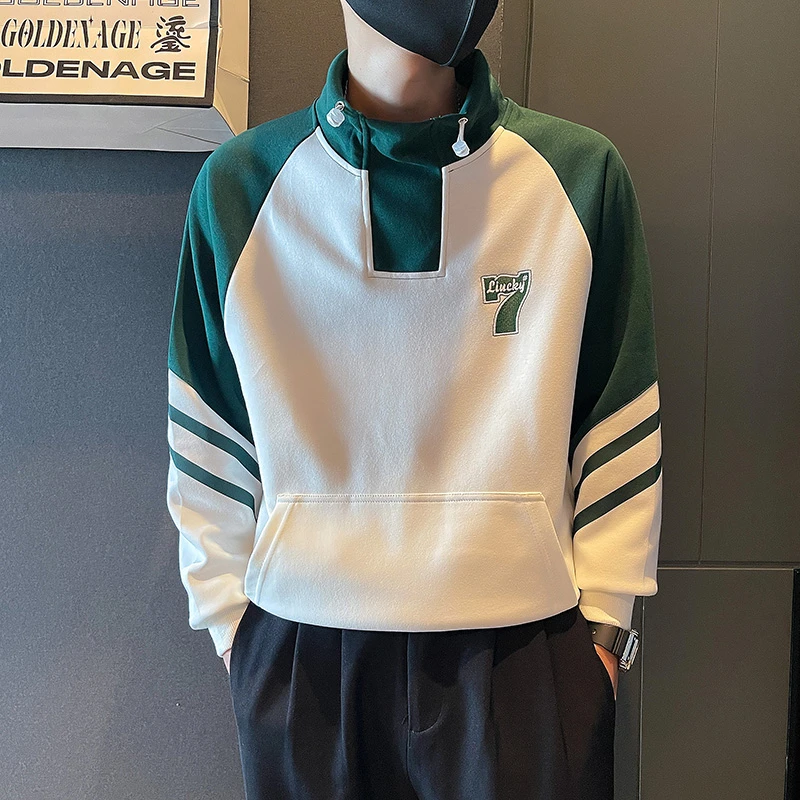 男士长袖春秋款高级感潮牌痞帅炸街外套立领拼接设计感卫衣上档次