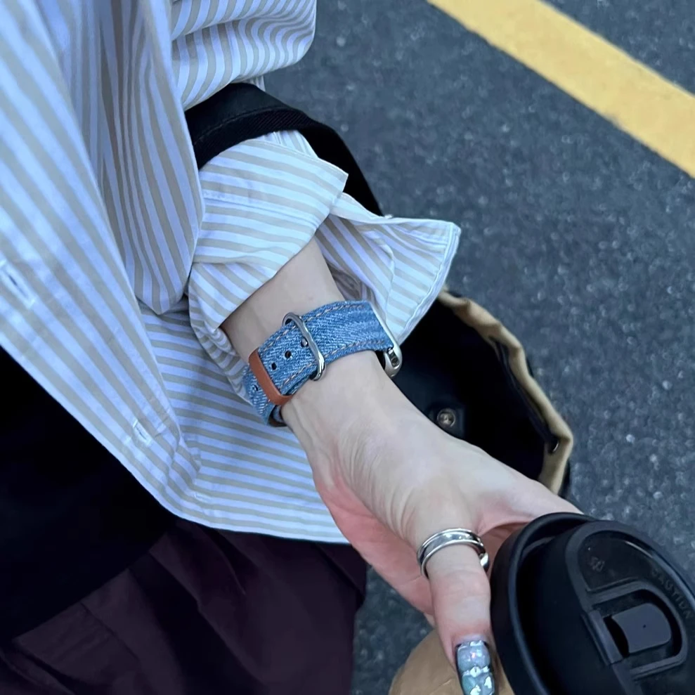 机智兽适用苹果手表Applewatch表带牛仔丹宁撞色风复古老钱表带