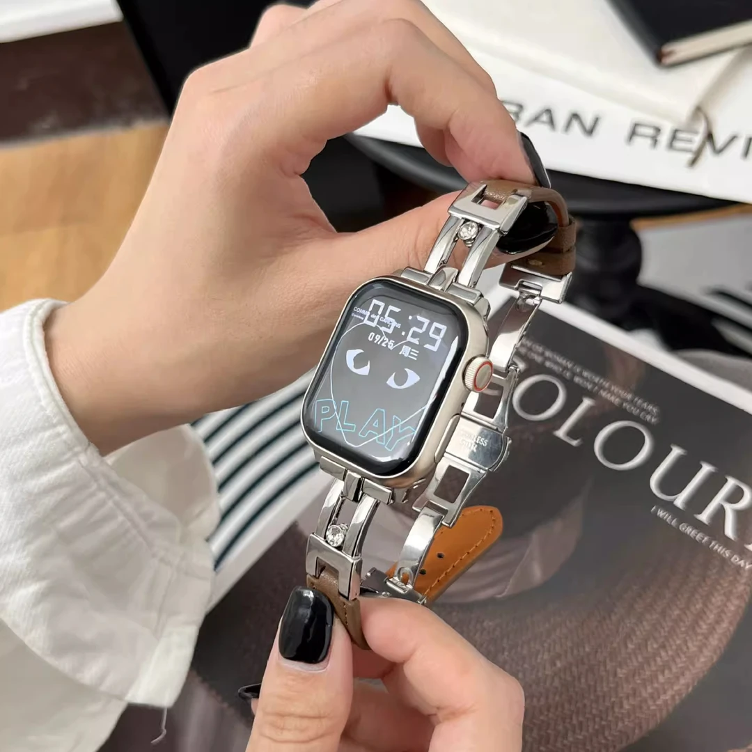 机智兽适用苹果手表applewatchS789SE表带滑梯皮质蝴蝶扣创意表带