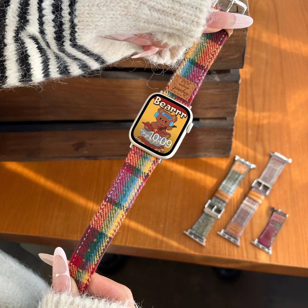 机智兽适用AppleWatch苹果手表彩色毛呢表带韩系格纹秋冬皮质腕带