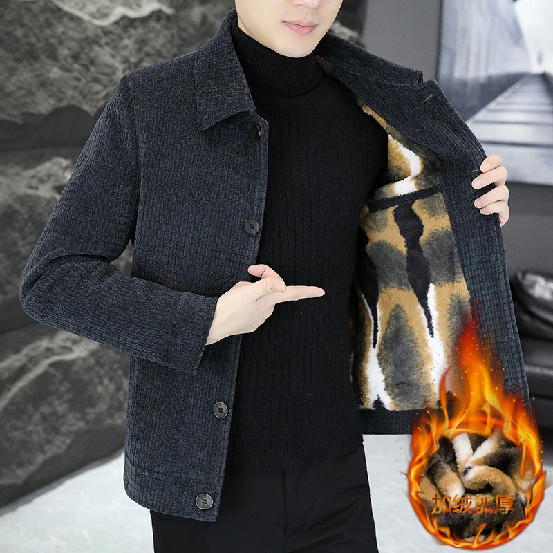 加绒加厚夹克翻领加厚外套时尚百搭中老年上衣韩版呢子休闲男外套