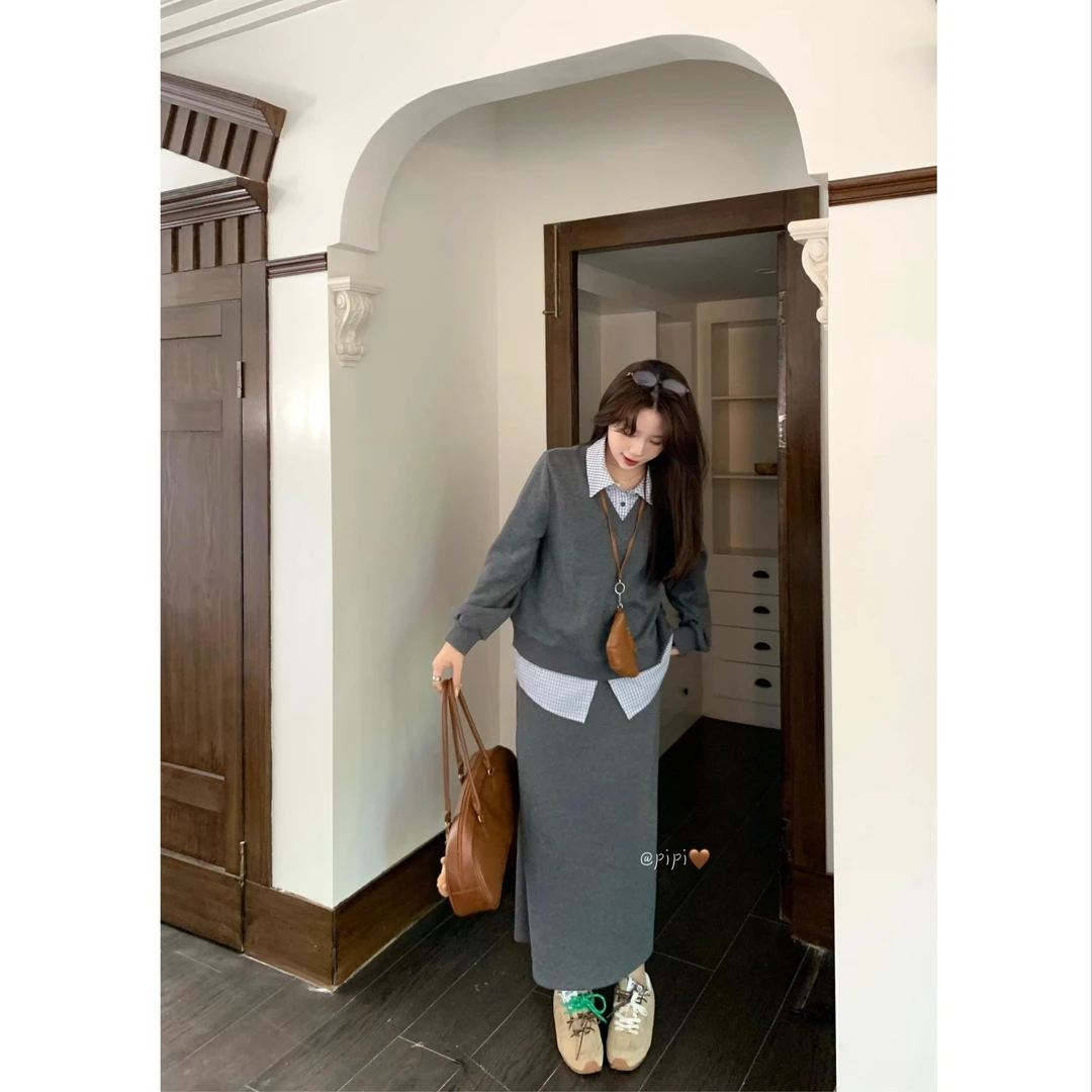 折扣7427D大婉酱微胖定制 卫衣假两件秋季显瘦气质休闲套装