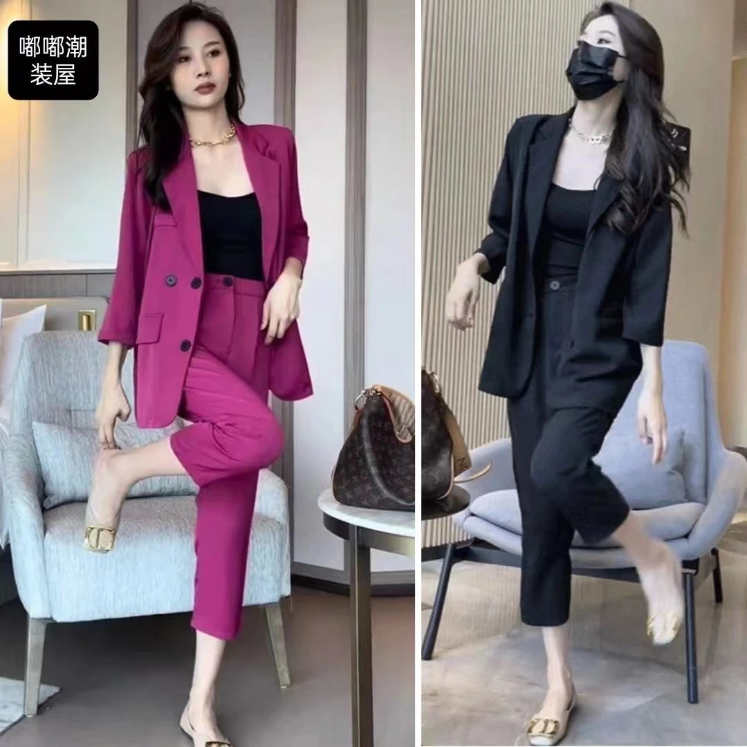 2024春夏新款气质时尚宽松显瘦休闲西装外套+九分裤两件套女神范