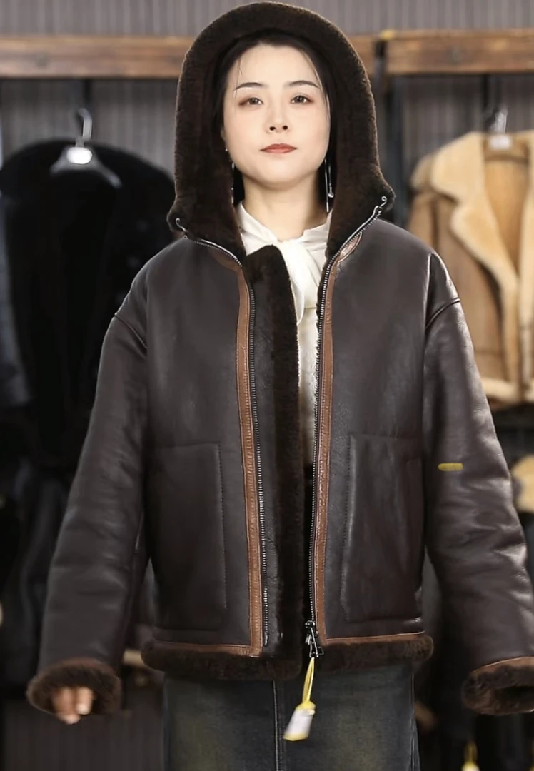 重工水洗进口皮毛一体男帽外套皮衣