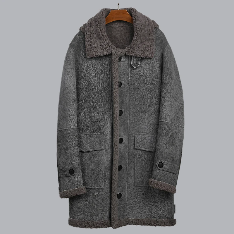 2560灰原纹进口原生态真皮毛一体外套男士真皮冬季皮衣保暖