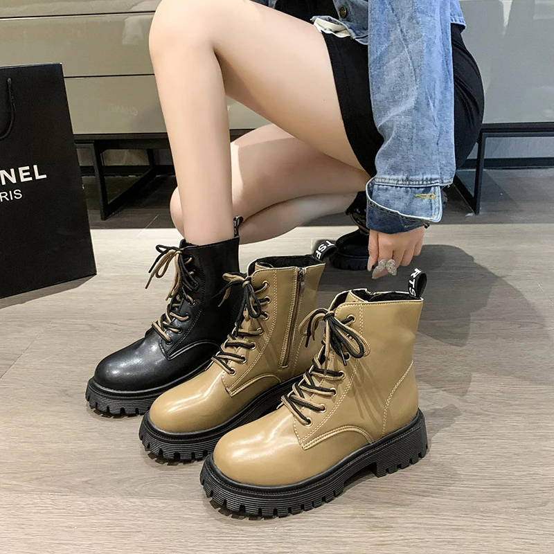 马丁靴女款2023秋冬新款靴子秋季爆款系带大黄靴厚底秋冬加棉短靴