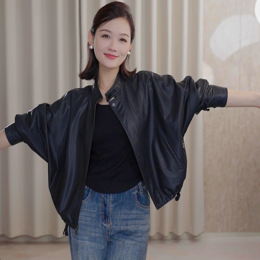 春秋真皮翻领修身常规纯色气质减龄短款高端轻奢通勤时尚外套-315