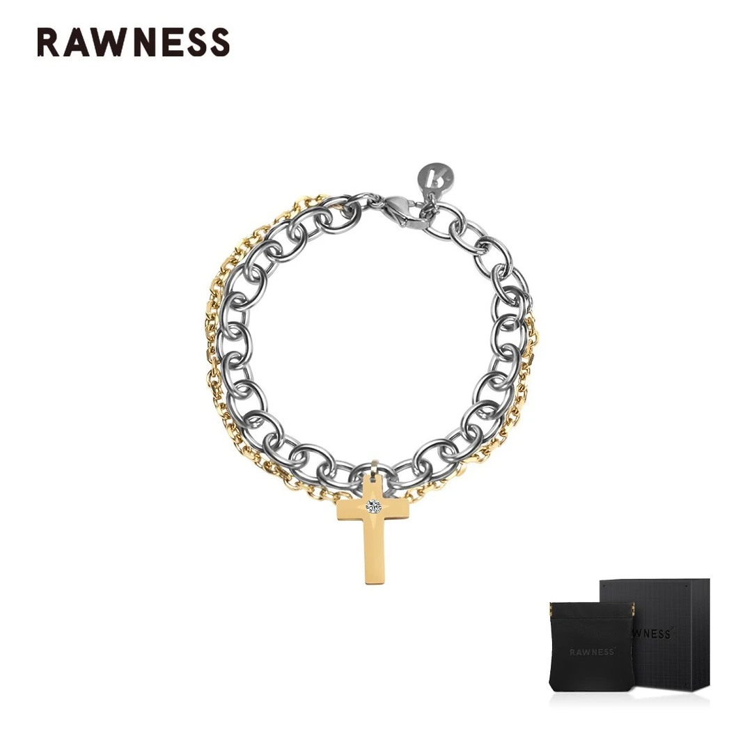 RAWNESS 钛钢手链 情人节礼物RAWNESS十字双链叠戴手链 美国契健