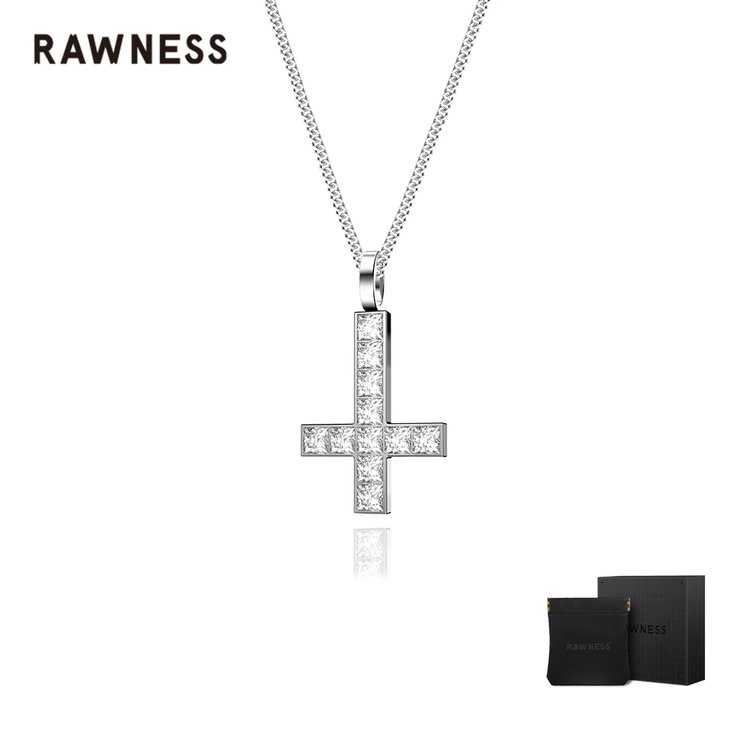 RAWNESS 钛钢莫桑石吊坠 情人节礼物 倒逆十字架项链男女情侣美式