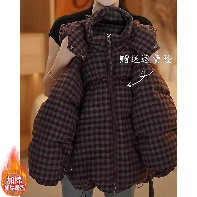 女童格子时尚棉服2025冬款中大童洋气加厚花苞棉衣面包服连帽棉袄