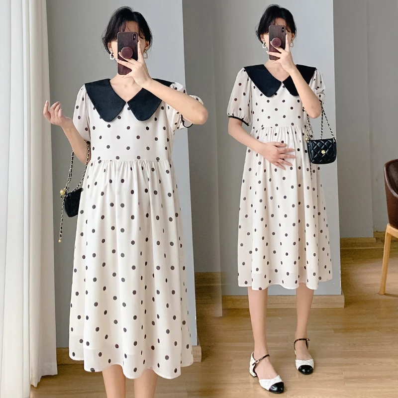 孕妇连衣裙夏季新款宽松大码娃娃领时尚中长款孕妇装波点夏天薄款