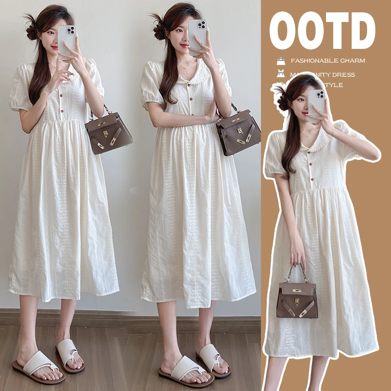 孕妇装夏季时尚法式小个子气质清纯杏色2025新款宽松公主连衣裙子