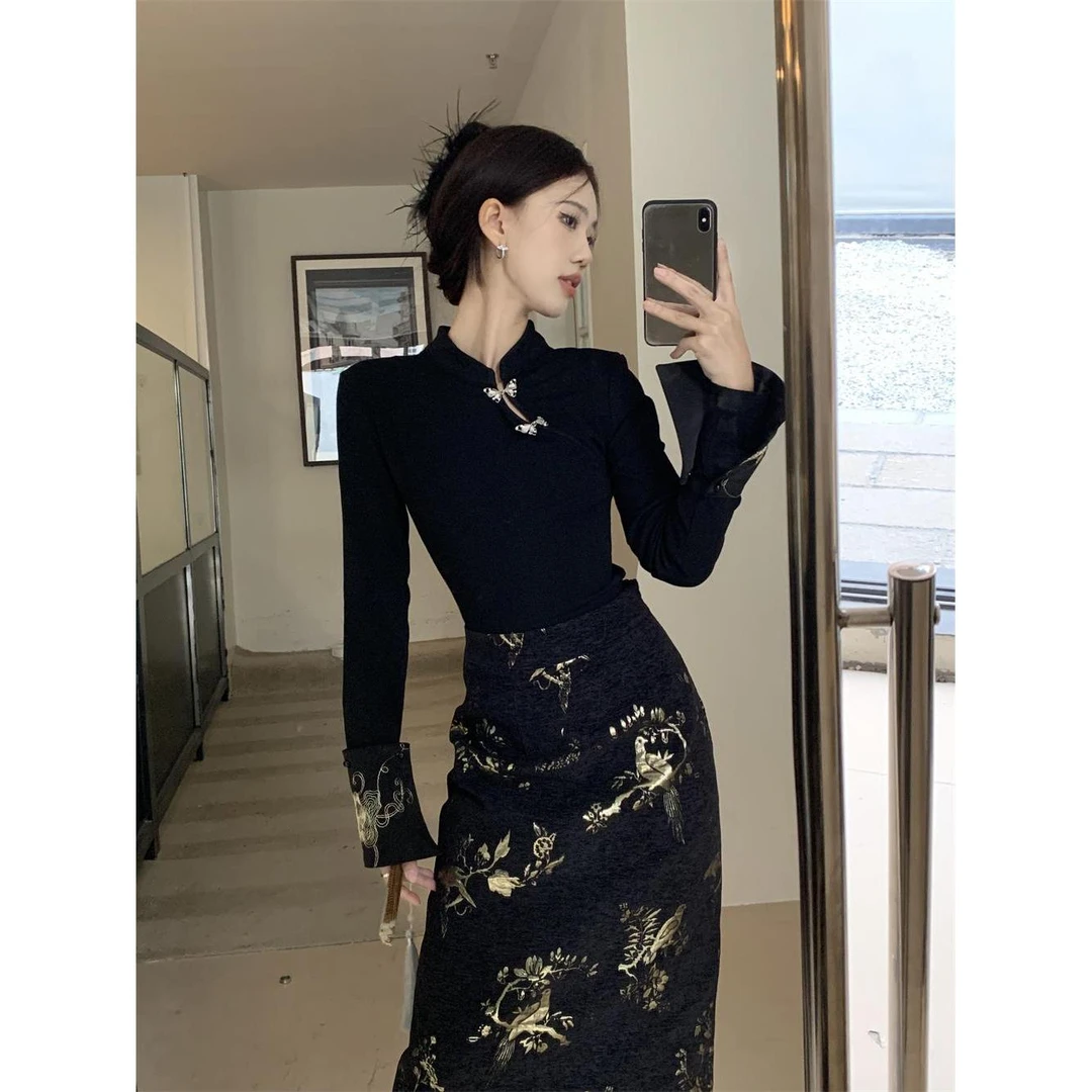 纯欲风辣妹新中式国风立领盘扣长袖内搭上衣高腰显瘦刺绣包臀裙子