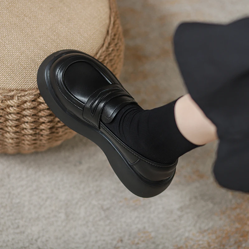 真皮厚底小皮鞋女2025秋冬季新款英伦风单鞋一脚蹬百搭黑色乐福鞋