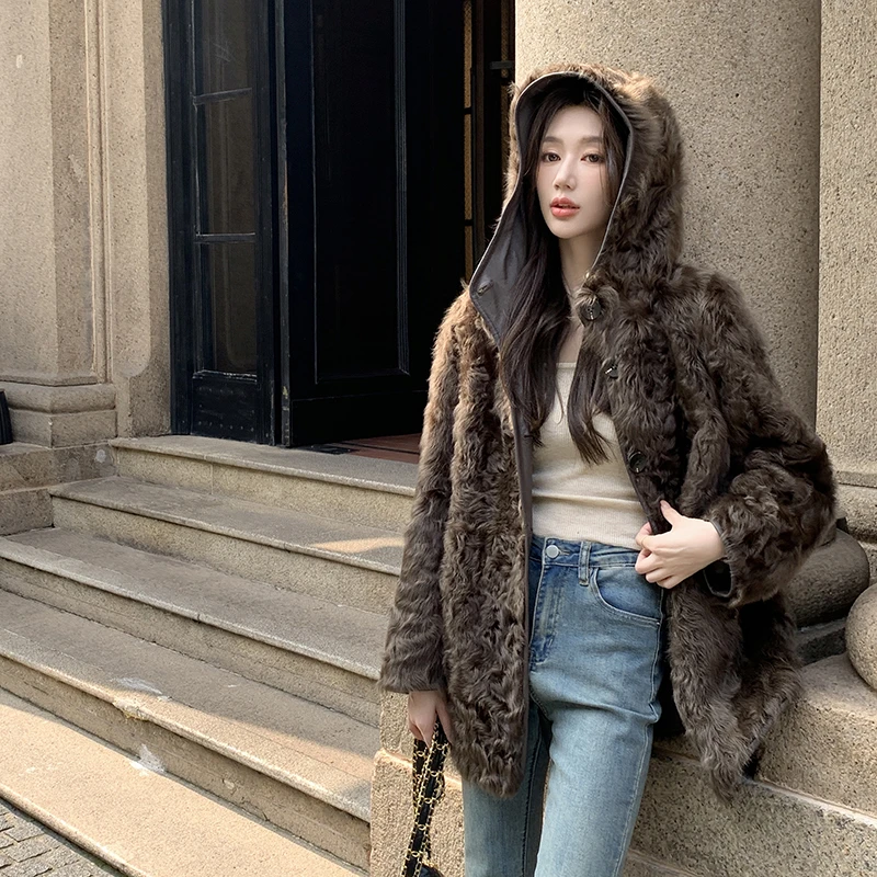 2025新款小湖羊皮毛一体外套女中长款连帽双面穿皮草大衣胎羊毛