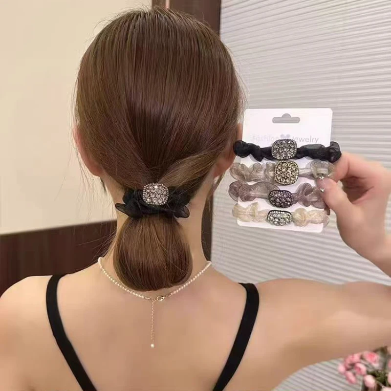 ins风小众闪钻方形网纱发圈高级感扎马尾发绳高弹力不伤发头绳