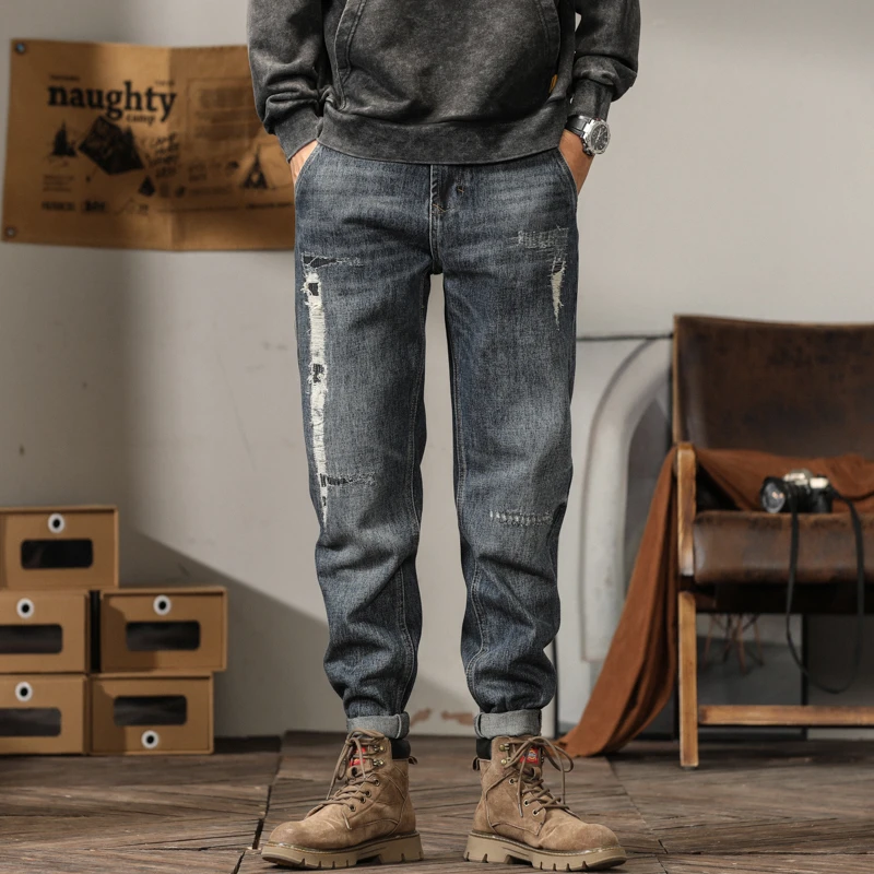 痞帅牛仔裤百搭型2023潮流经典破洞补丁宽松直筒重磅水洗新款时尚