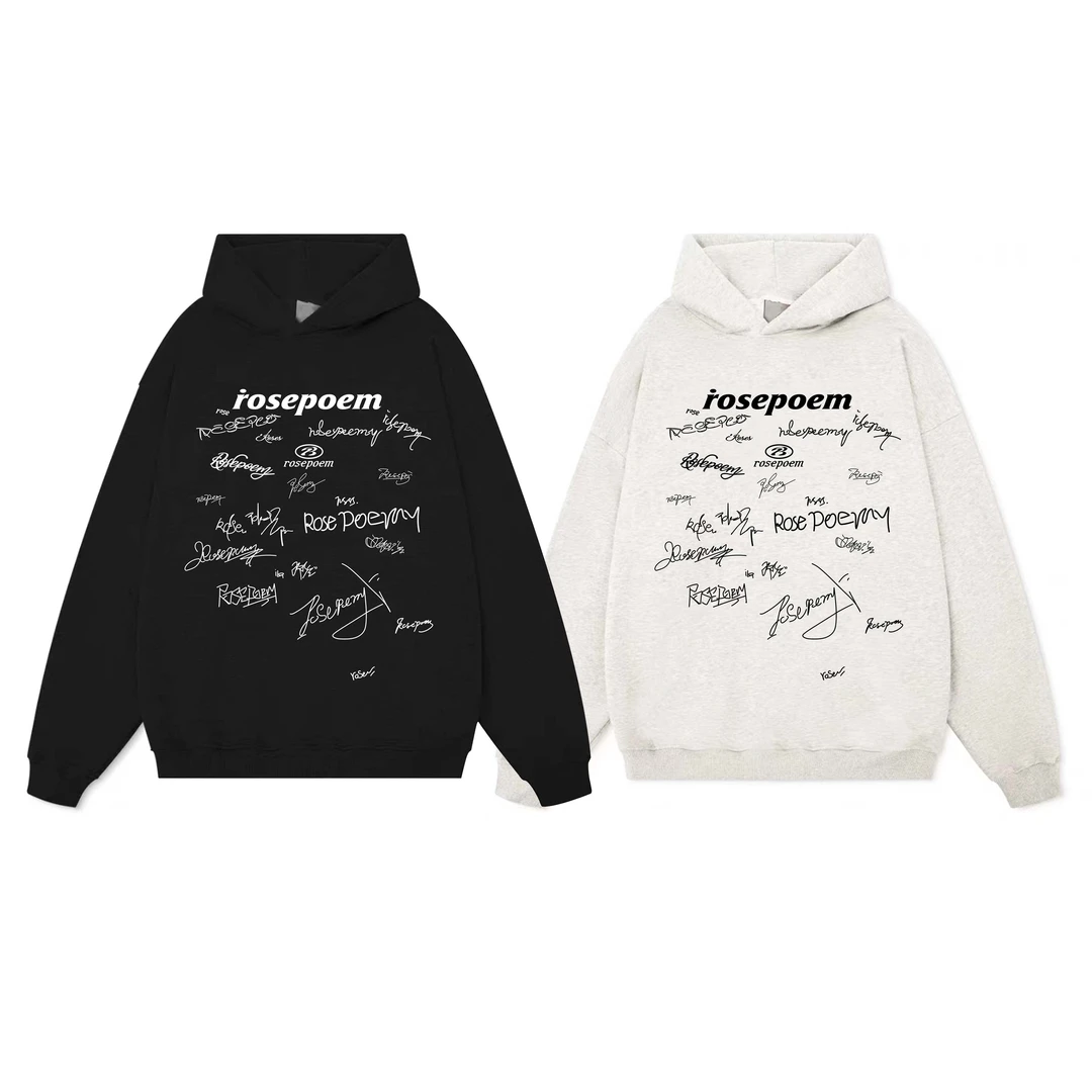 2023秋冬百搭宽松潮流无口袋签名印花图案连帽套头长袖卫衣男女款