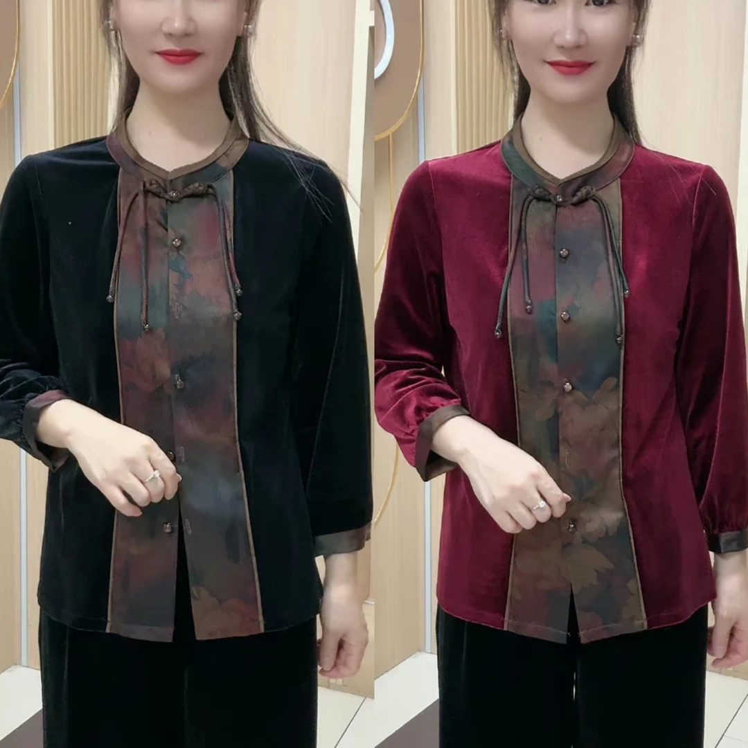 新款时尚洋气丝绒流苏立领国风系扣中老年妈妈上衣（衣长63左右）