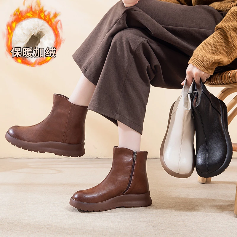 22276复古加绒马丁靴女中筒冬季棕色短靴女2024新款雪地靴女厚底