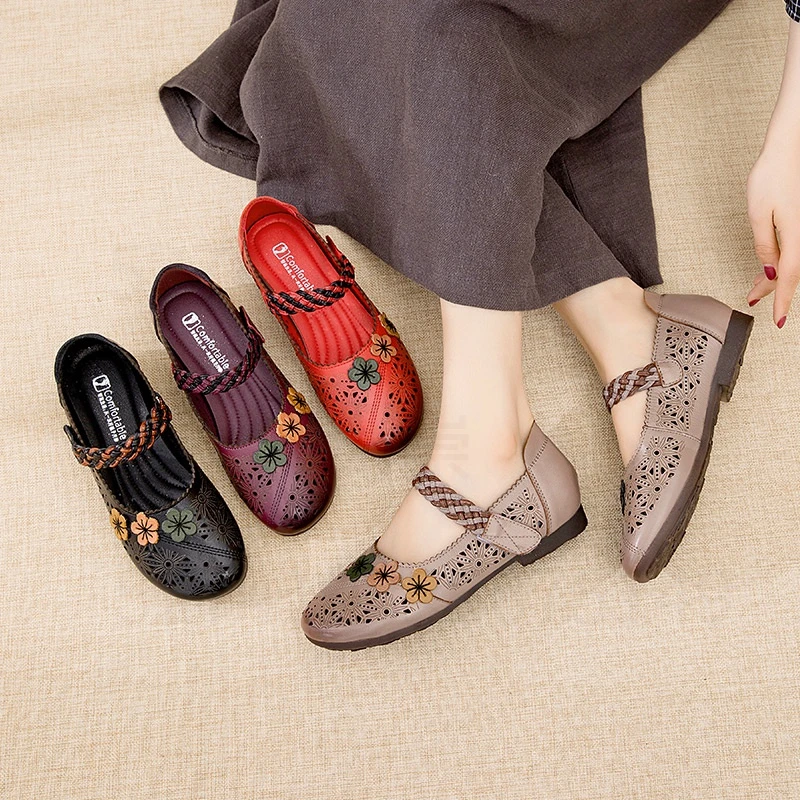 003春夏季妈妈鞋镂空复古平底洞洞鞋子老人休闲透气防滑奶奶鞋