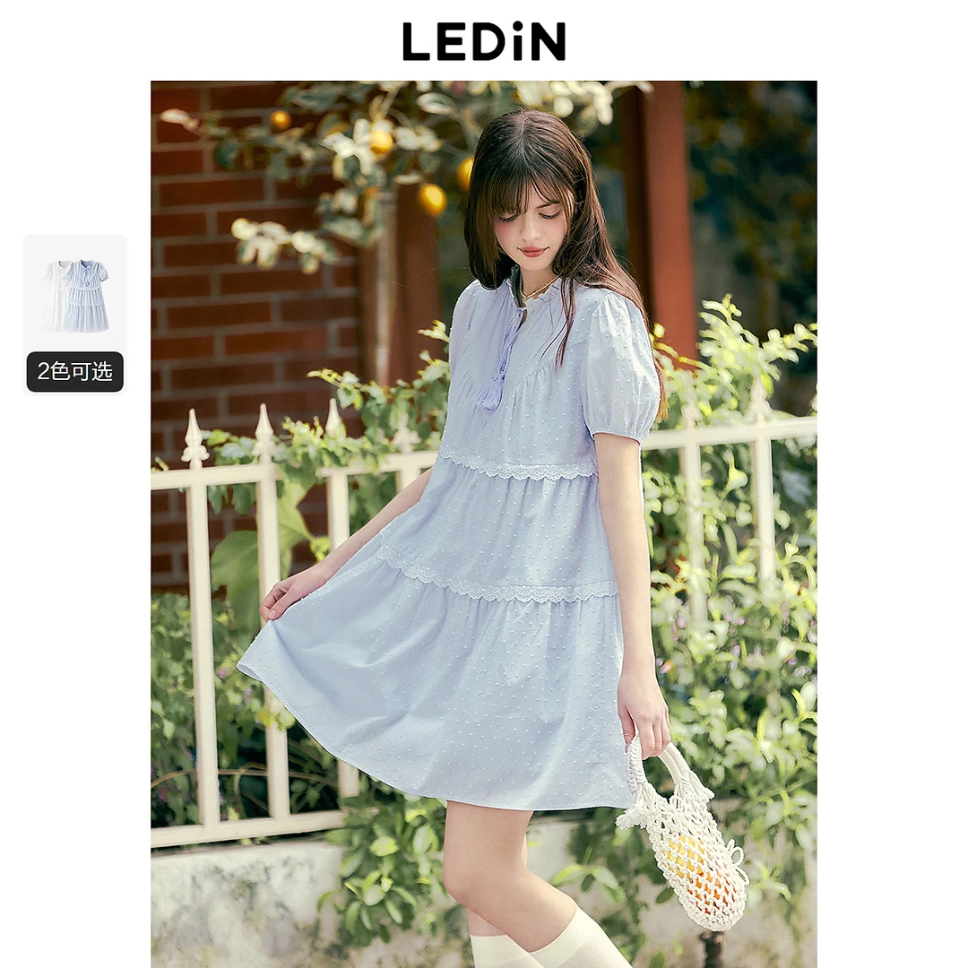 乐町飘逸娃娃裙夏季新款流苏系带A字裙甜美短袖连衣裙