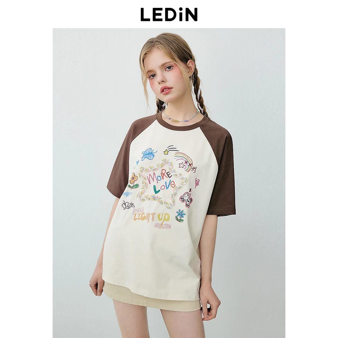 乐町元气多巴胺插肩袖拼色短袖T恤夏季新款涂鸦设计内搭上衣