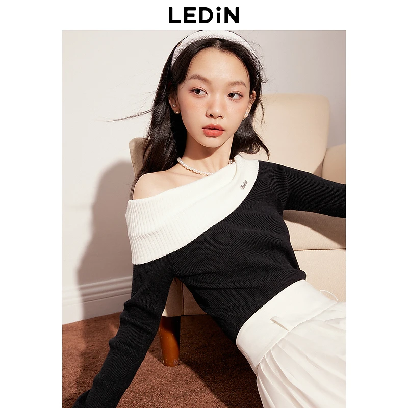 乐町千金赫本风针织上衣秋季新款打底衫一字肩长袖毛衣