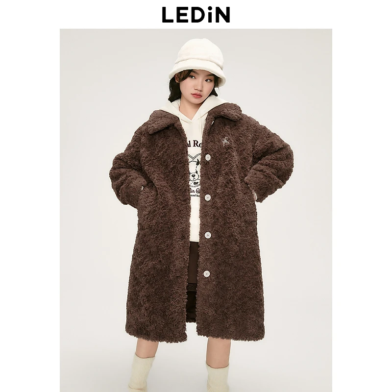 乐町毛毛长款翻领大衣冬季美拉德学院风宽松保暖外套