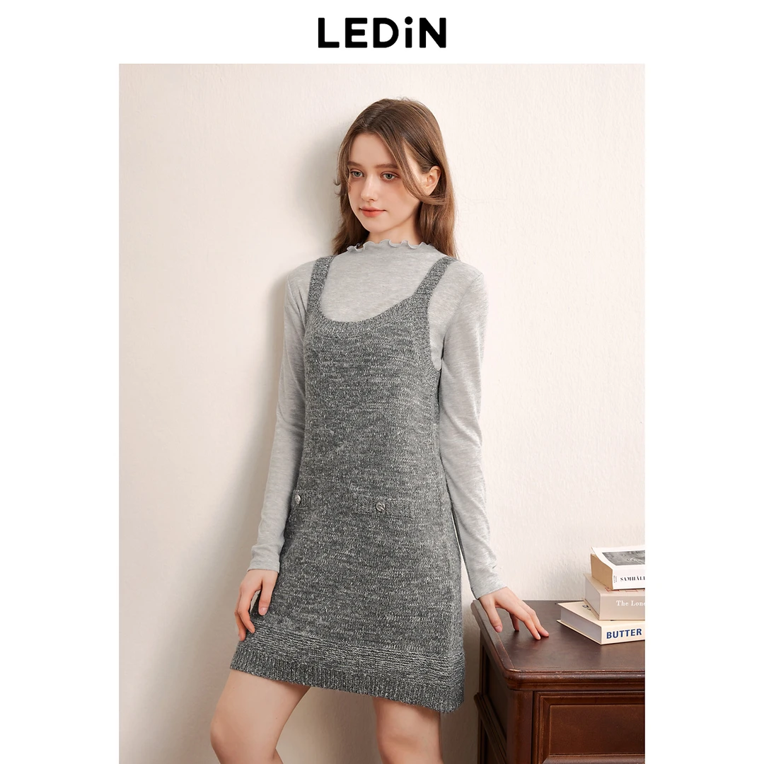 【新品】乐町灰色背心裙24秋款新女装甜美千金风时尚修身针织连衣裙