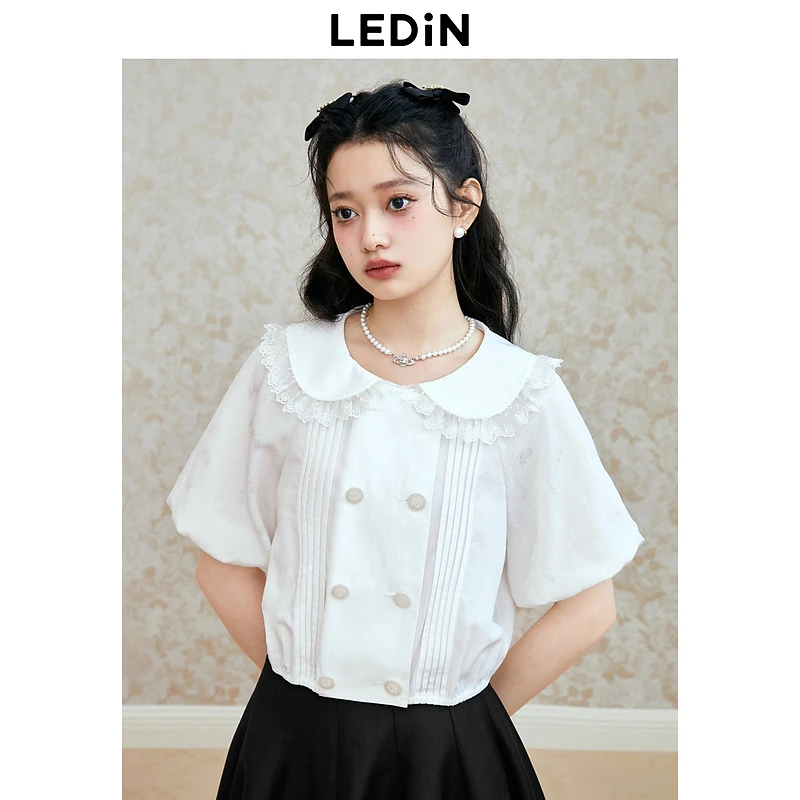 乐町精致翻领衬衫夏季新款短款娃娃领短上衣少女甜美短袖
