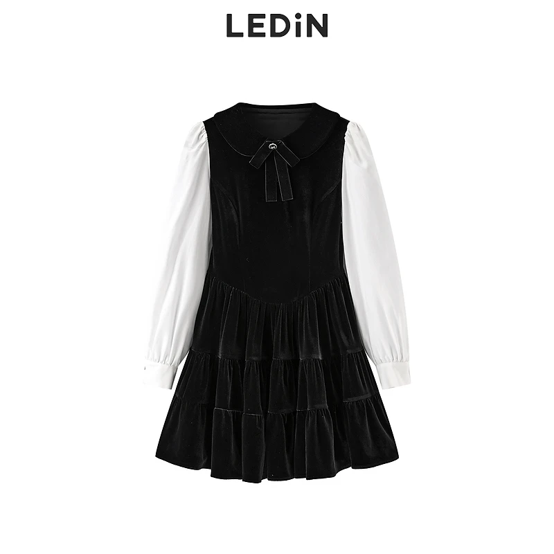 乐町甜美拼接娃娃裙子秋冬新时尚小黑裙女款气质服装蝴蝶结连衣裙