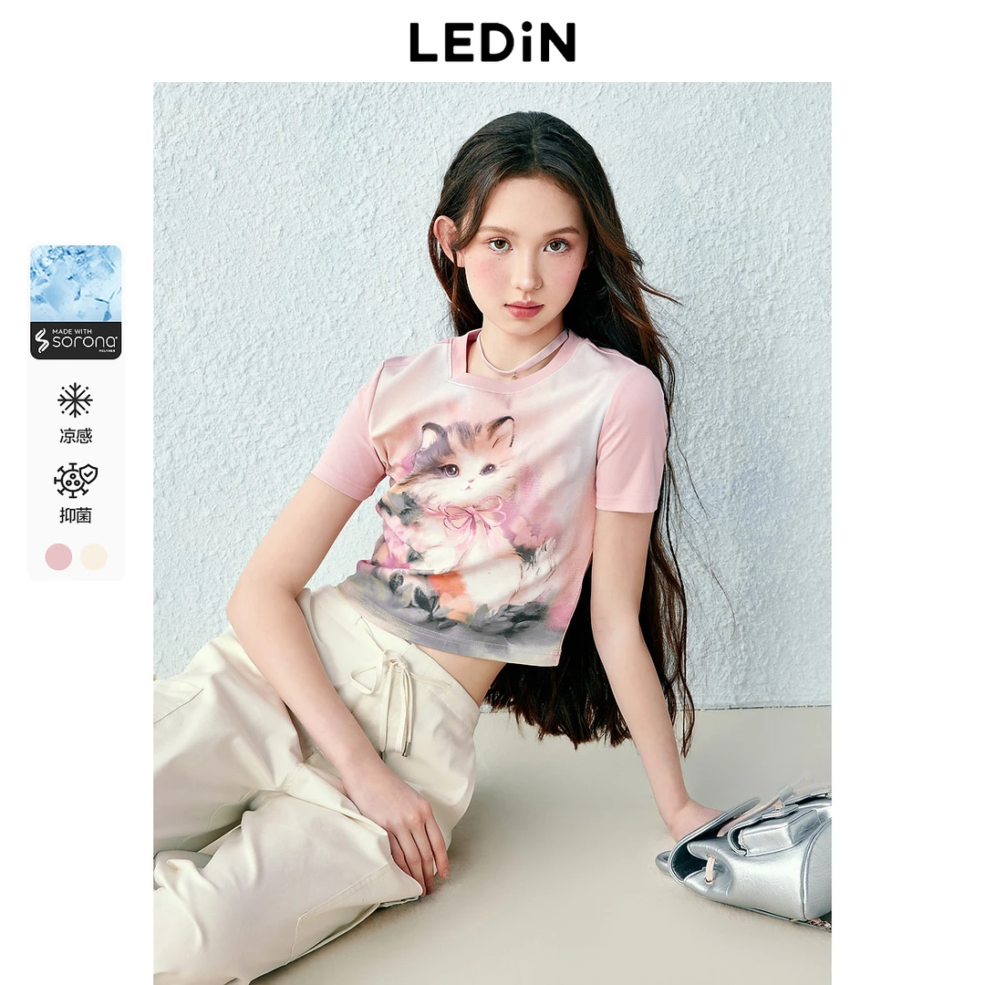 乐町甜美浪漫猫咪图案满印正肩短袖夏凉感修身显瘦T恤