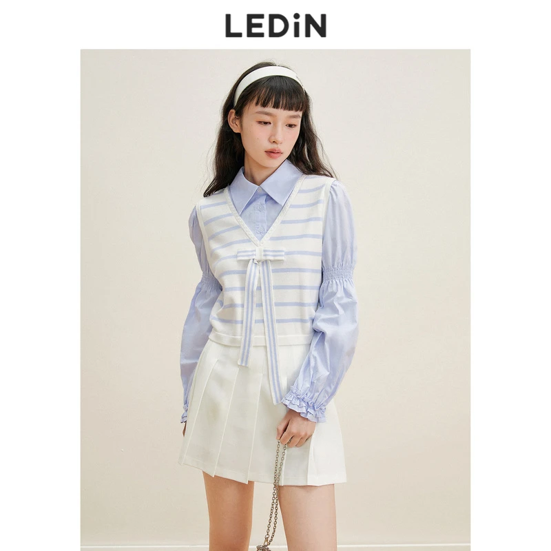 乐町假两件学院风衬衫秋季新款甜美蓝色设计感上衣内搭女宽松翻领