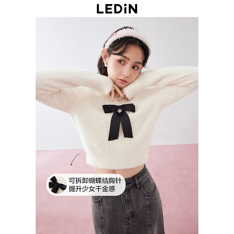 乐町复古绞花休闲套衫时尚百搭少女风蝴蝶结甜美上衣套头保暖圆领