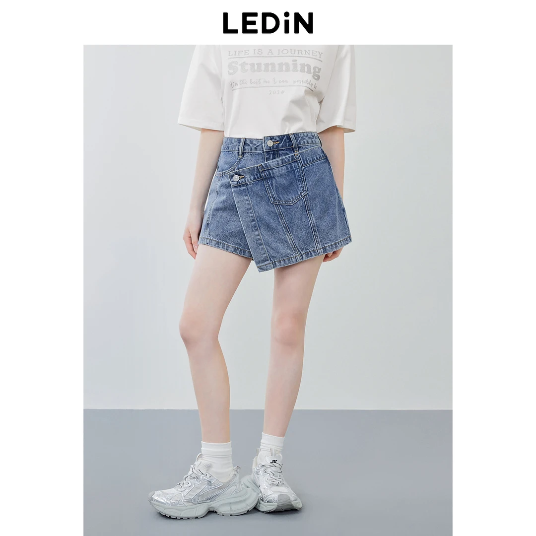 乐町斜门襟牛仔裙裤工装24夏新款短裤薄款洗水辣妹甜酷裤子