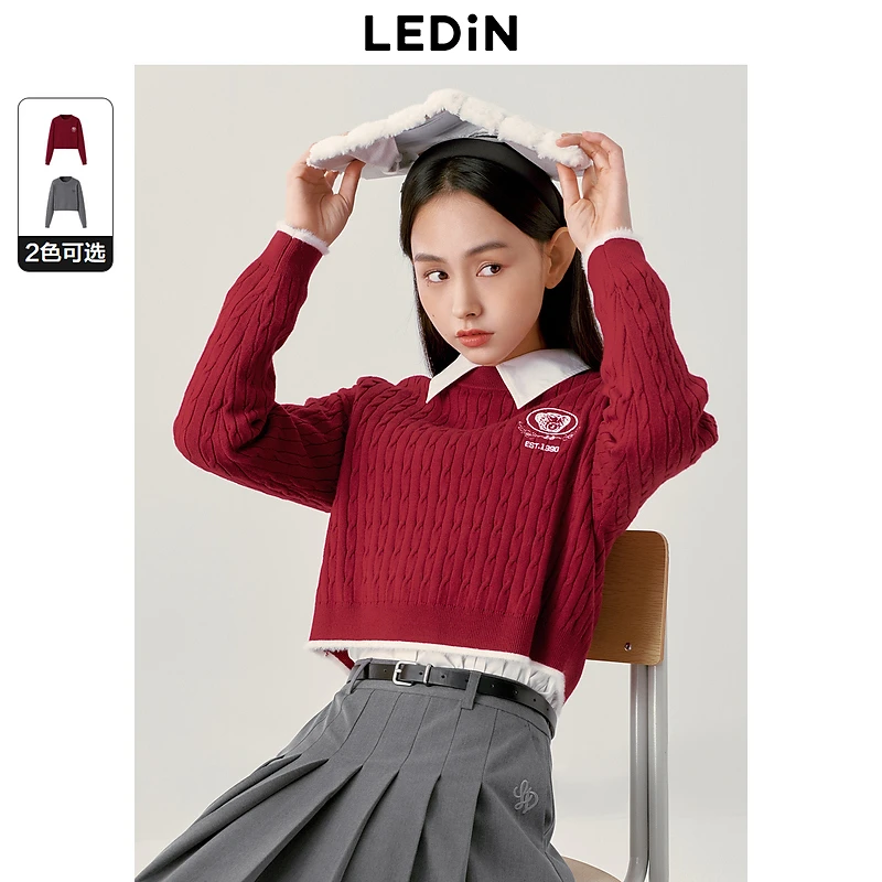 乐町软糯甜美短款圆领针织衫肌理绞花毛衣小熊套头衫